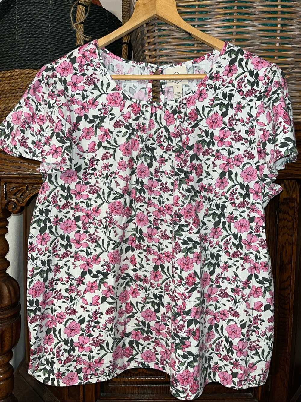 St. John's Bay Pink Floral Short-Sleeve Blouse on White
